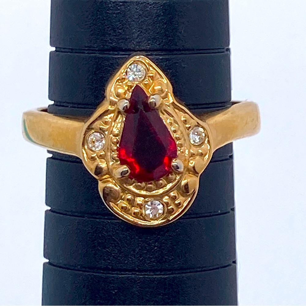 Gold Tone Roman Brand Ring Red and Clear Rhinestones